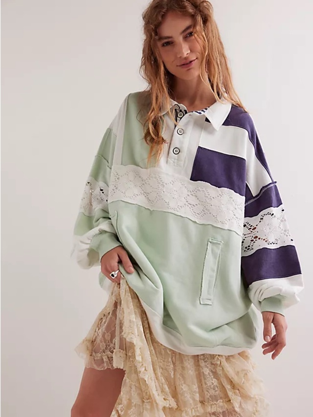 We The Free American Mint Green Lace Oversized Preppy Dream Polo